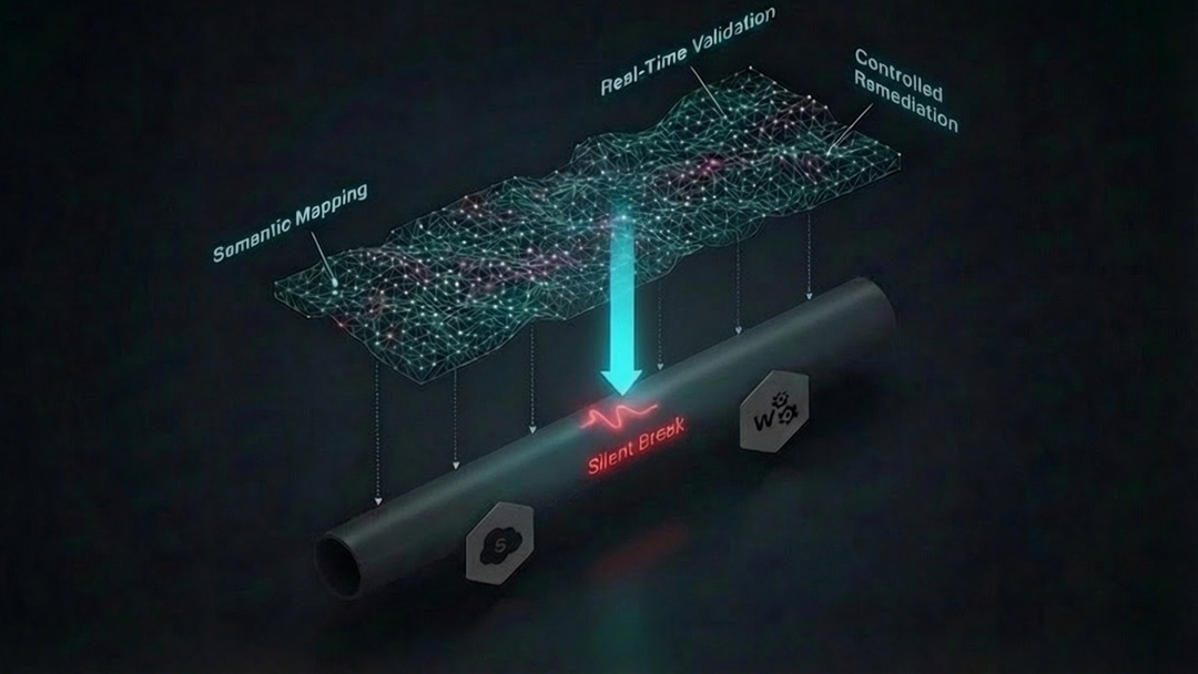 Update this 3D isometric diagram of a dual-layered data infrastructure. Keep the bottom grey industrial pipe and the top glowing bioluminescent mesh. Keep the glowing labels 'Semantic Mapping', 'Real-Time Validation', and 'Controlled Remediation' on the top layer. On the bottom track (Layer 1), ensure the 'silent break' label is rendered in the exact same neon red color as the 'error' rupture it points to. Maintain the same perspective, lighting, and 'Ethereal Engine' bioluminescent aesthetic.